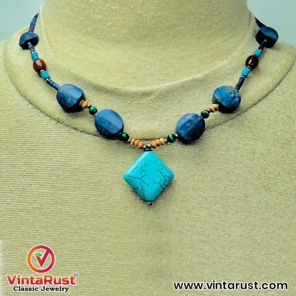 Lapis and Turquoise Beaded Necklace, Handmade Vintage Beaded Necklace